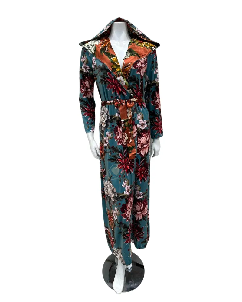Oh! Zuza Emerald Floral Tones Velour Morning Wrap Robe