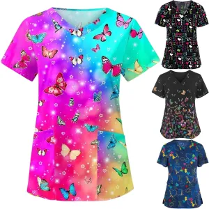 OIOLOYJM Scrubs for Women Animal Print Tops for Women V Neck Cartoon Pattern Short Sleeve Nursing Tops with Pockets