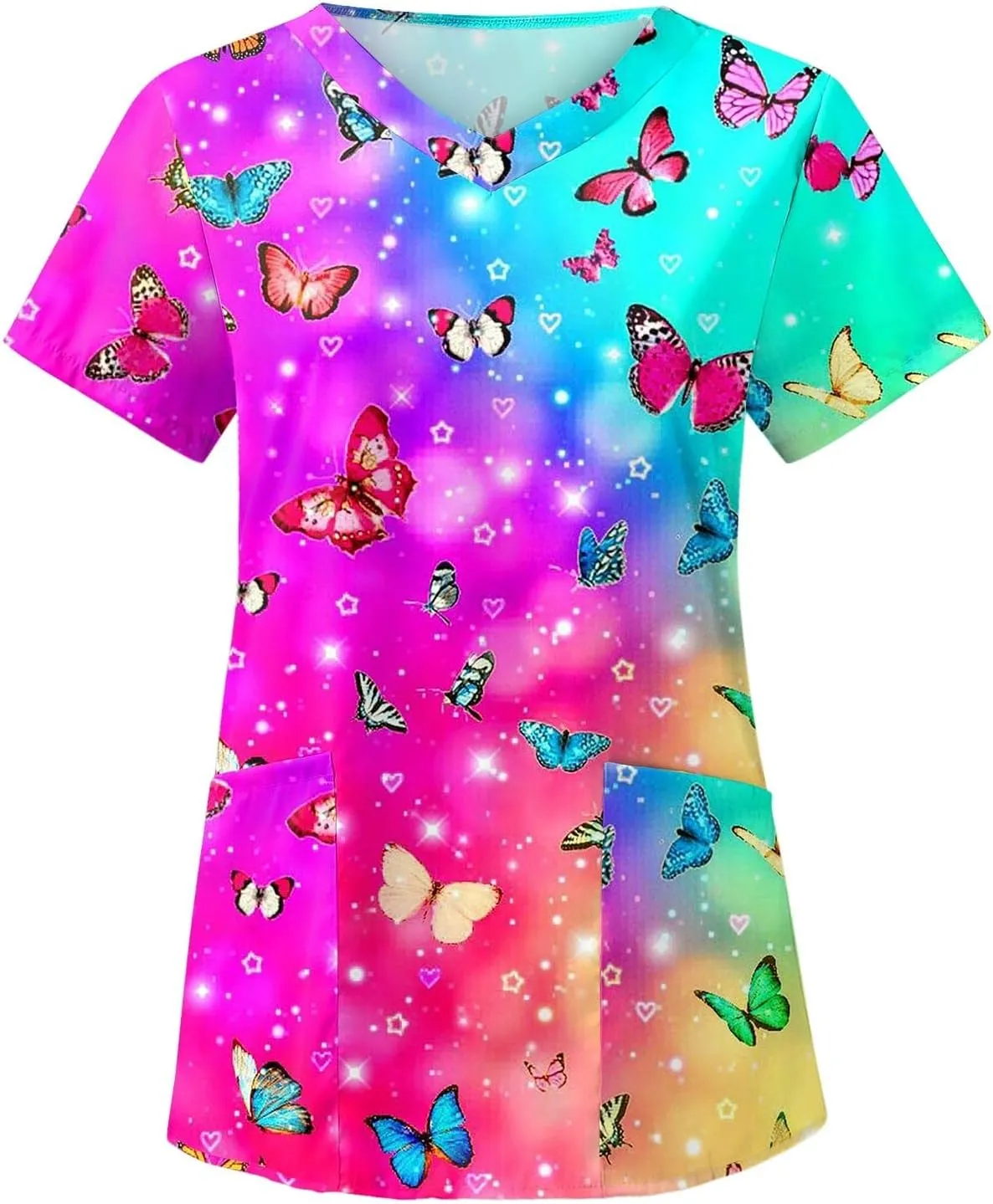 OIOLOYJM Scrubs for Women Animal Print Tops for Women V Neck Cartoon Pattern Short Sleeve Nursing Tops with Pockets