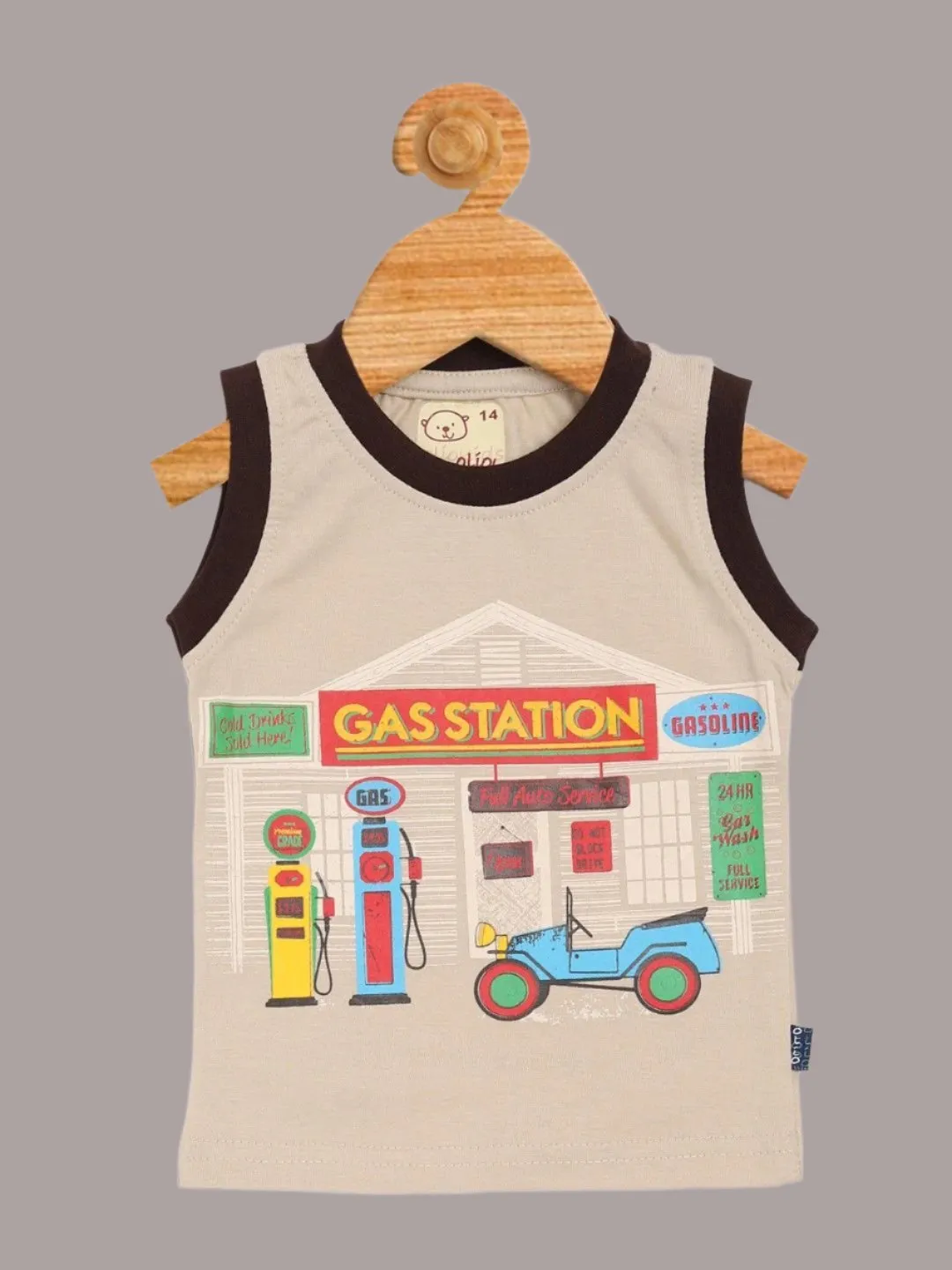 Olio Kids Baby Boys' Beige Gas Station Tank Top and Brown Printed Shorts