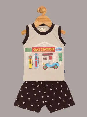 Olio Kids Baby Boys' Beige Gas Station Tank Top and Brown Printed Shorts