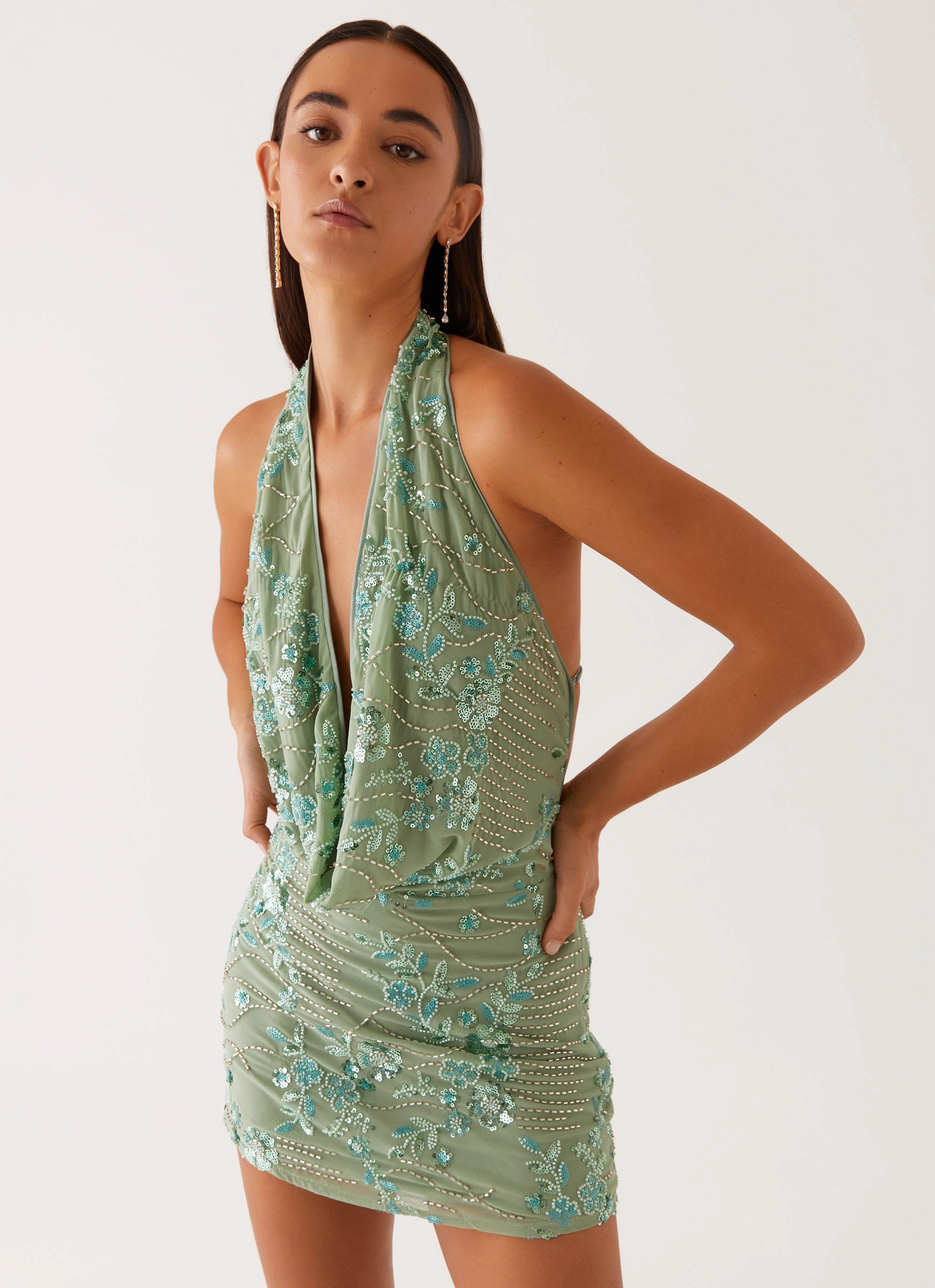 Olisa Cowl Neck Beaded Mini Dress - Mint Handmade Quality