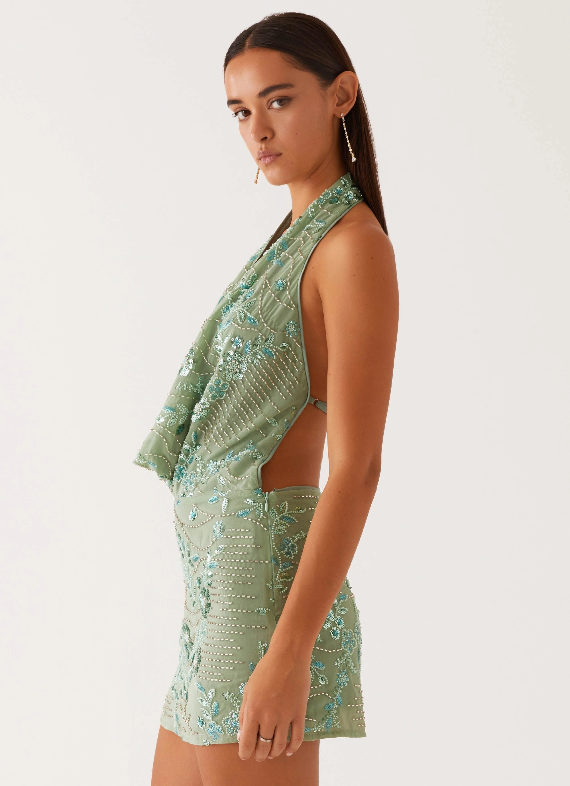 Olisa Cowl Neck Beaded Mini Dress - Mint Easy Combo All Day Fit