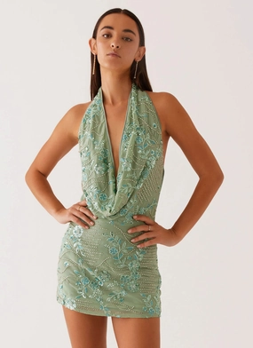 Handmade Quality Slow Fashion Olisa Cowl Neck Beaded Mini Dress - Mint