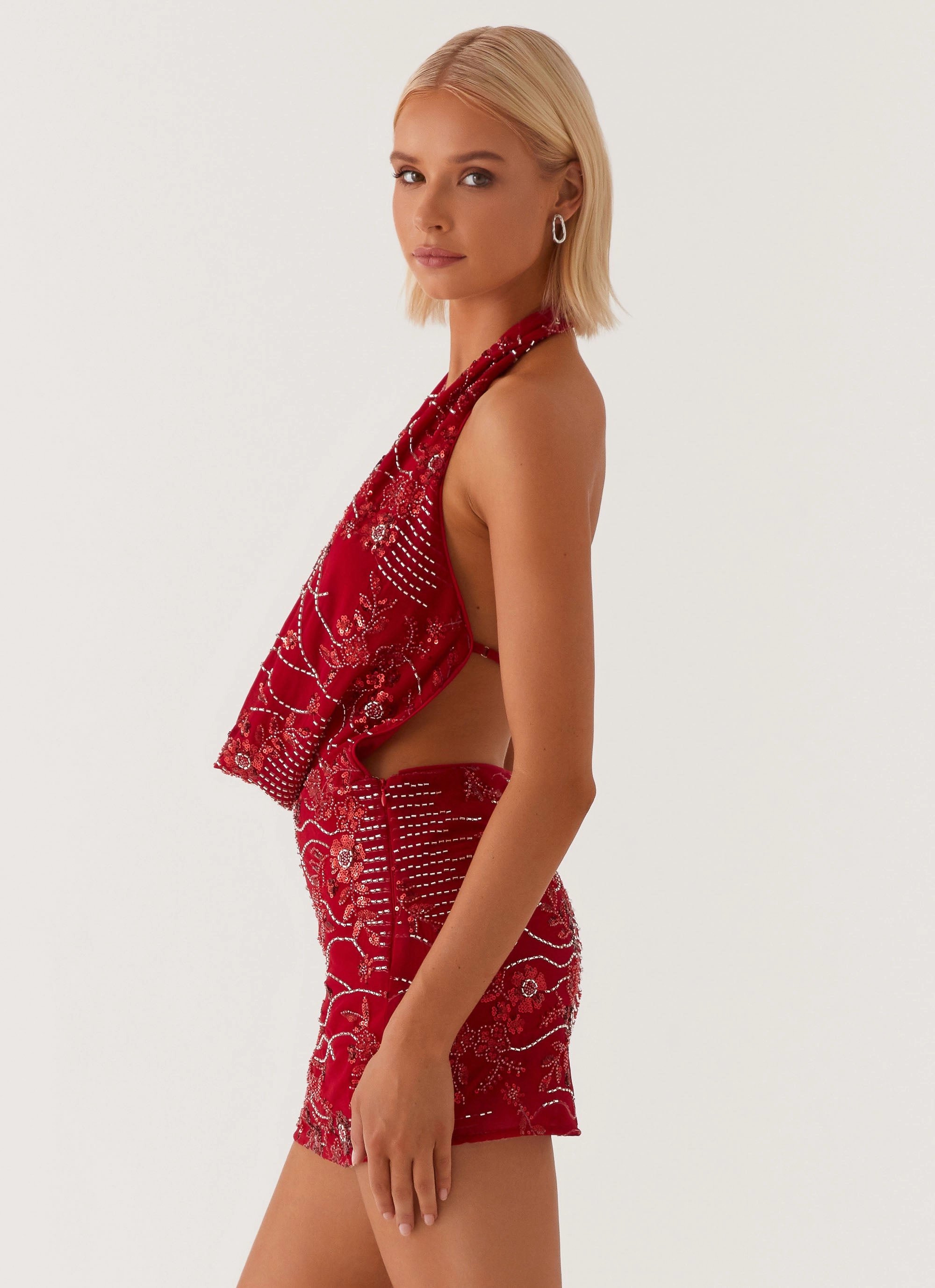 Handmade Item Performance Fashion Olisa Cowl Neck Beaded Mini Dress - Red