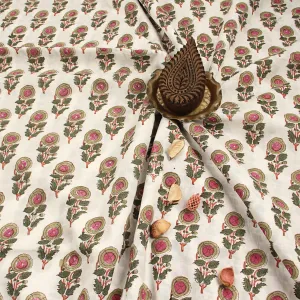 Olive Daisy Floral Butti Sanganeri Hand Block Printed Cotton Fabric