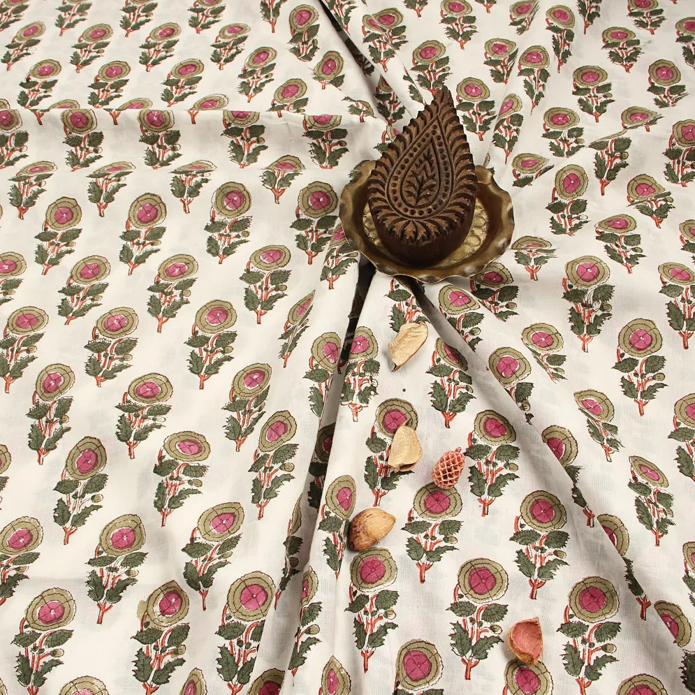 Olive Daisy Floral Butti Sanganeri Hand Block Printed Cotton Fabric