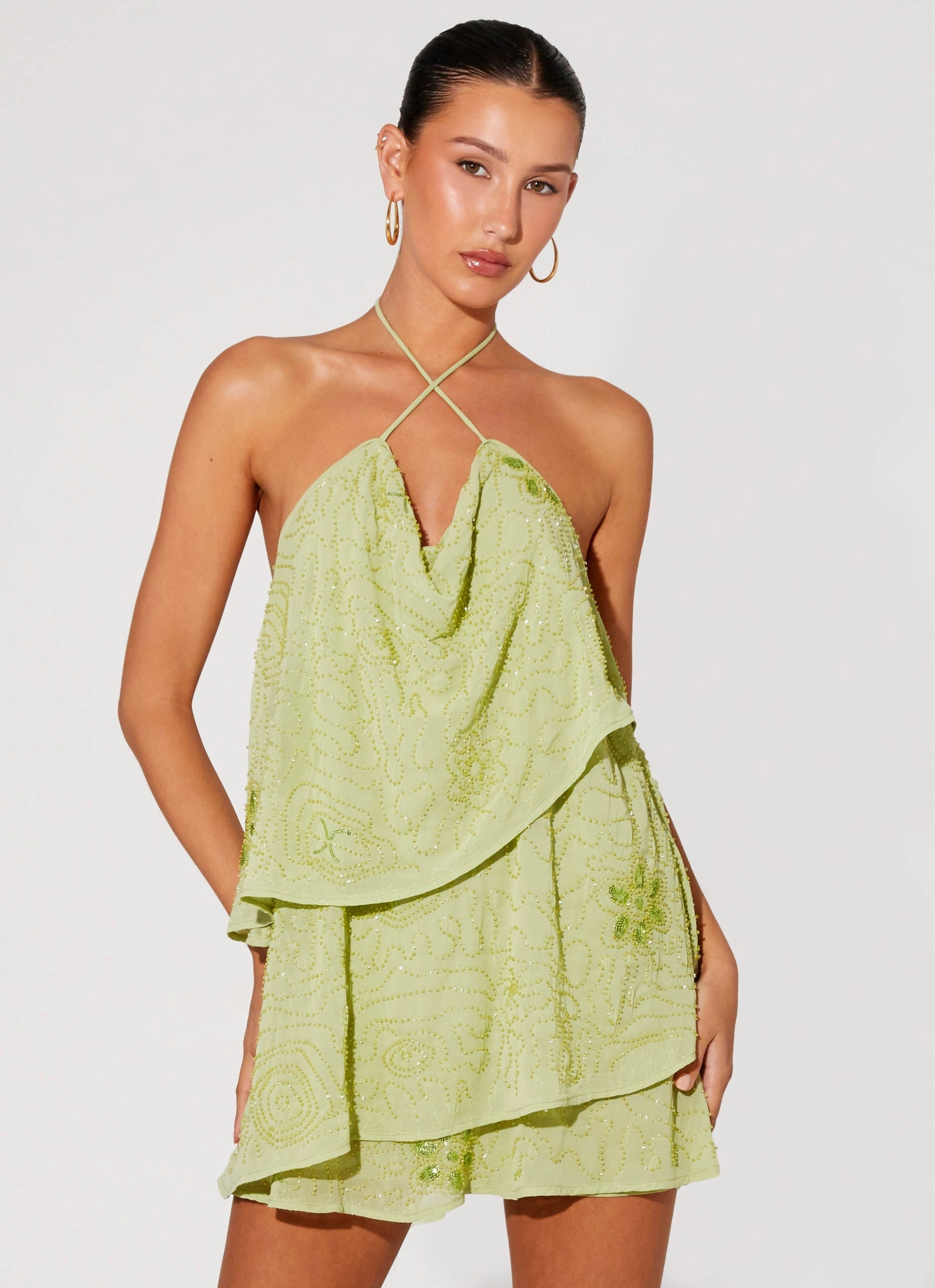 On The Go Beaded Mini Dress - Mint Cozy and Comfortable