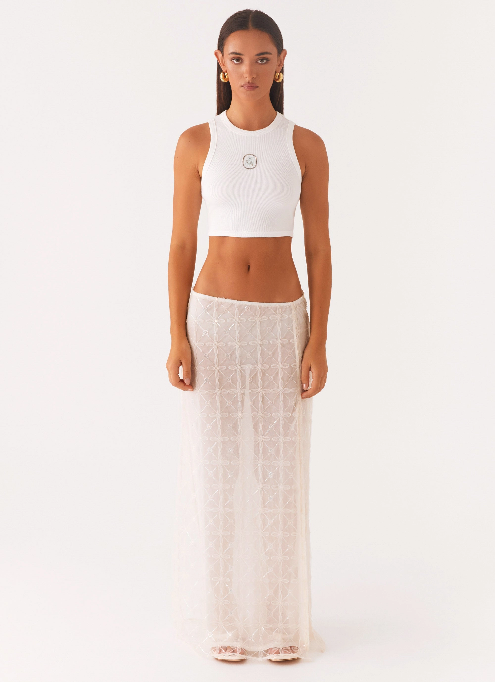 Easy Layers Crisscross Back Opal Sequin Maxi Skirt - White