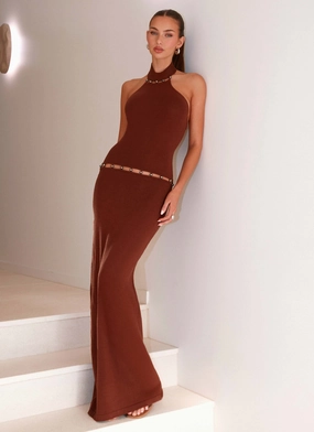 Soft cotton blend dress Slit Detail Opaline Knit Maxi Dress - Chocolate