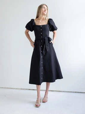 Camille Midi Dress Belt Waist Chill Lines