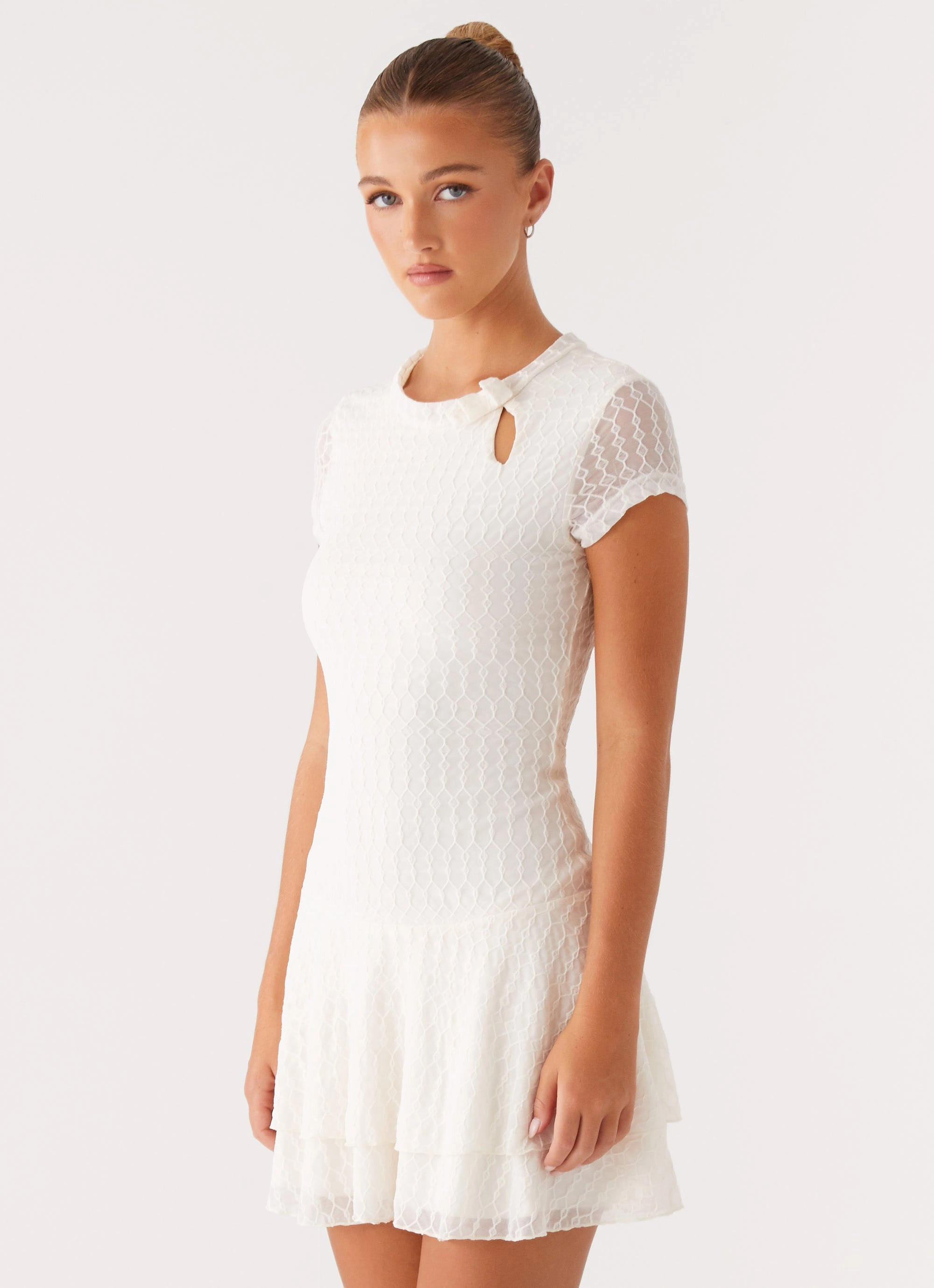 Esty Mini Dress - Ivory Push Button Closure Simple Layers