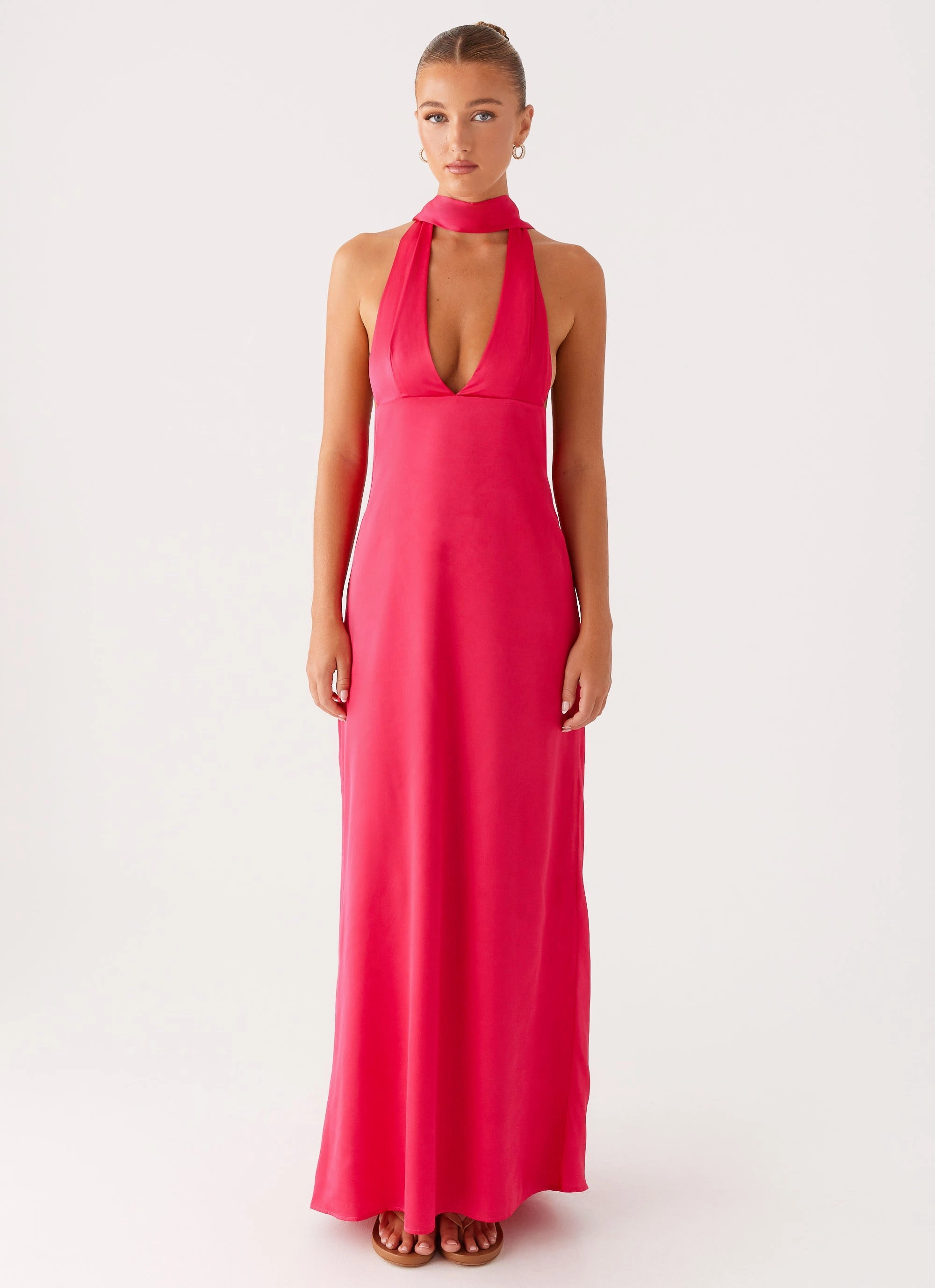 Work Vibes Everyday Piece Alicia Satin Halter Maxi Dress - Fuchsia