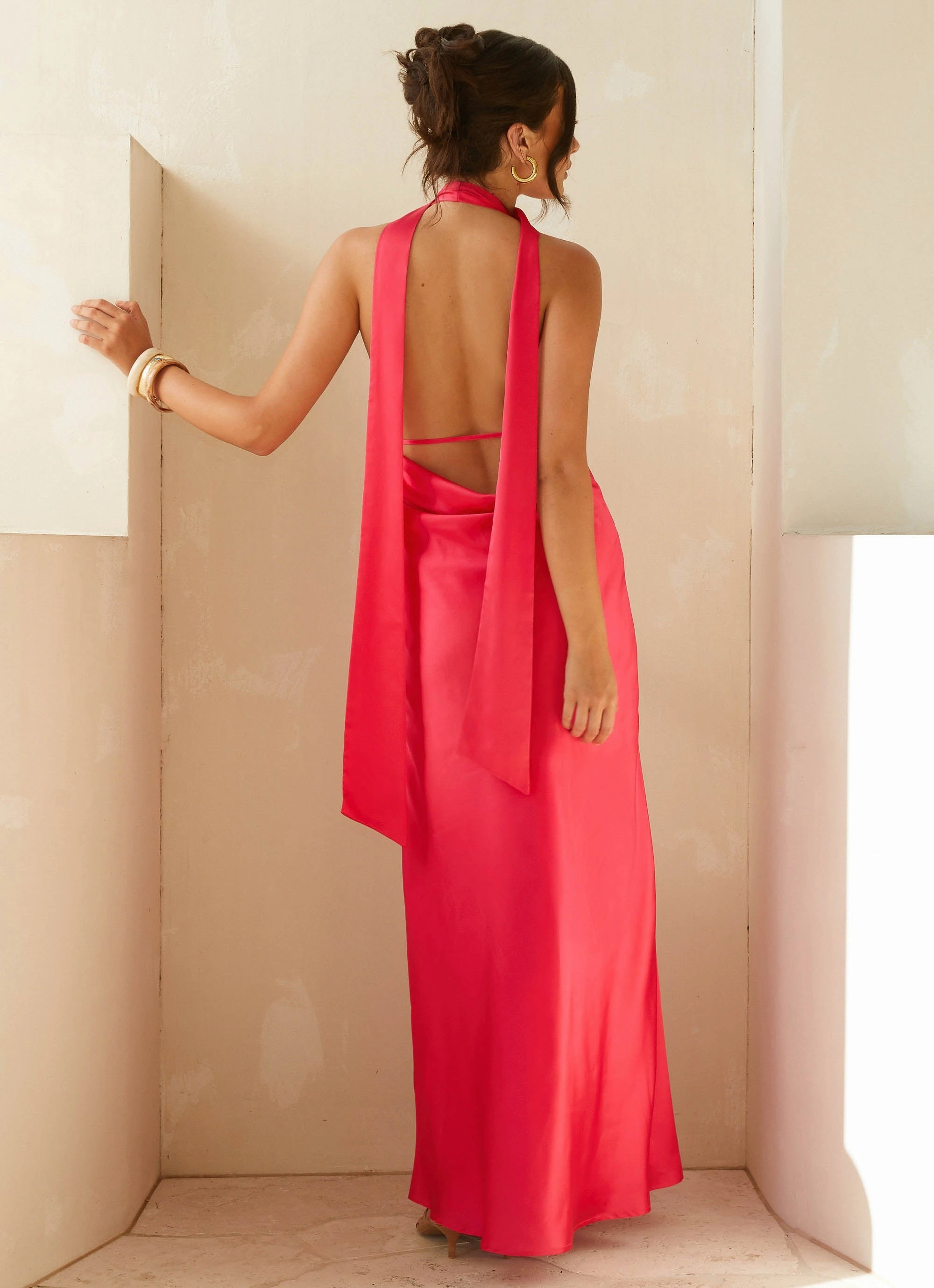 Alicia Satin Halter Maxi Dress - Fuchsia Color-Blocked