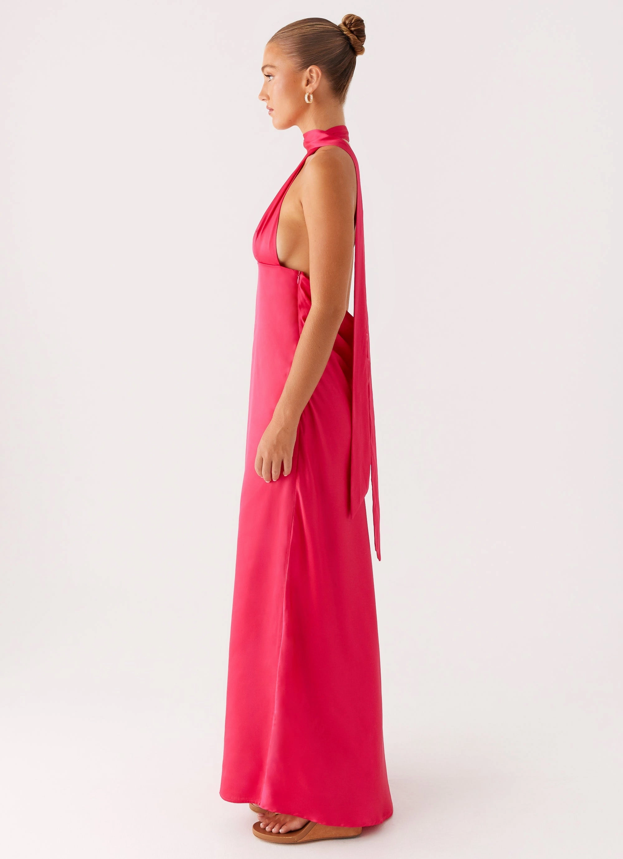 Alicia Satin Halter Maxi Dress - Fuchsia Lace Fine