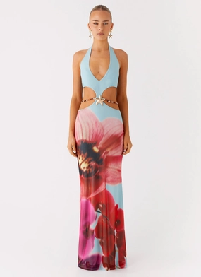 Side-Slit Time To Dance Maxi Dress - Turquoise Bloom