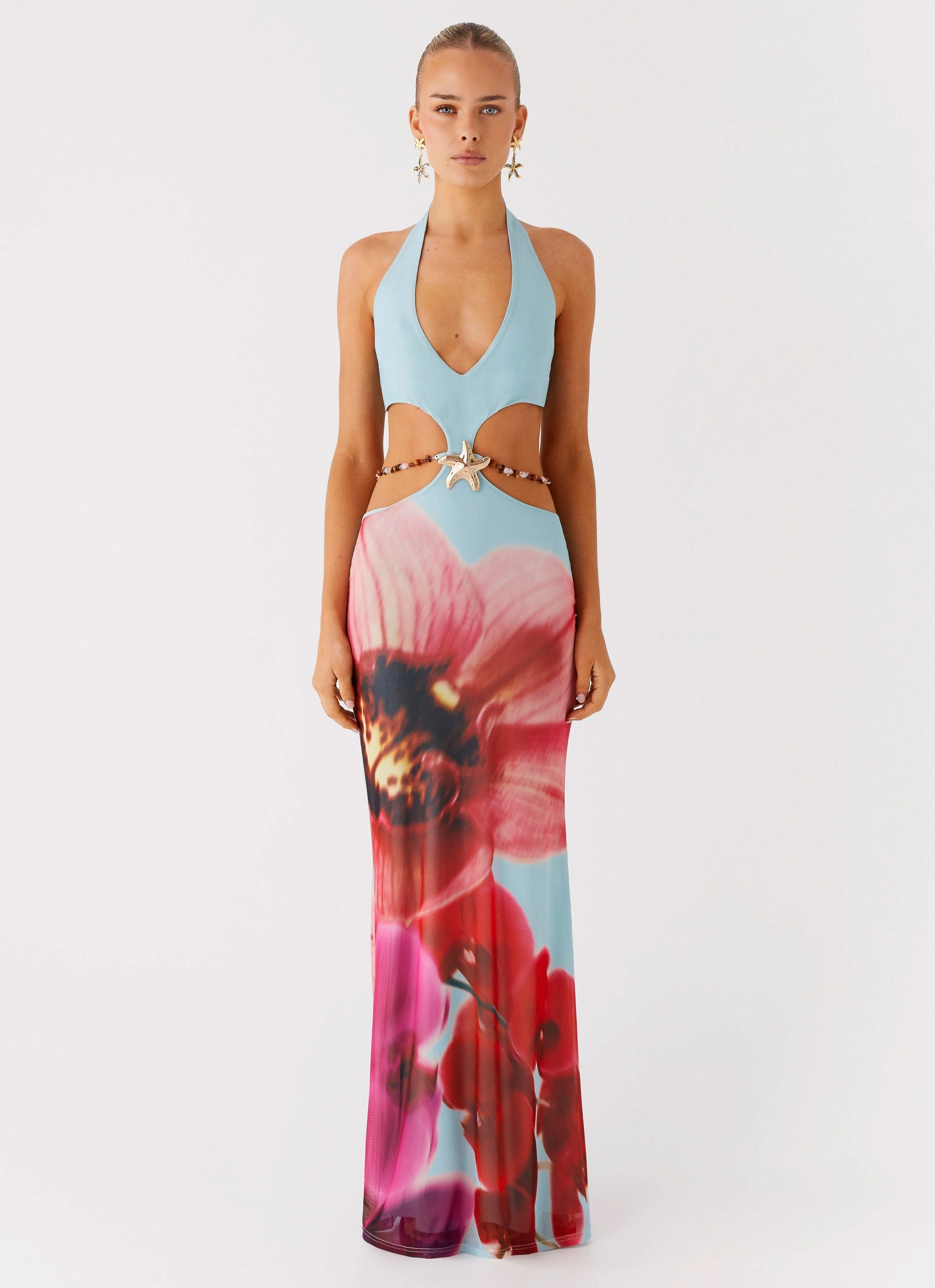 Side-Slit Time To Dance Maxi Dress - Turquoise Bloom
