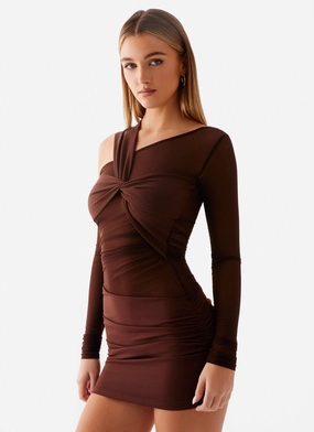 Ophelie Asymmetric Long Sleeve Mini Dress - Chocolate Minimalist Design Light and breezy summer dress