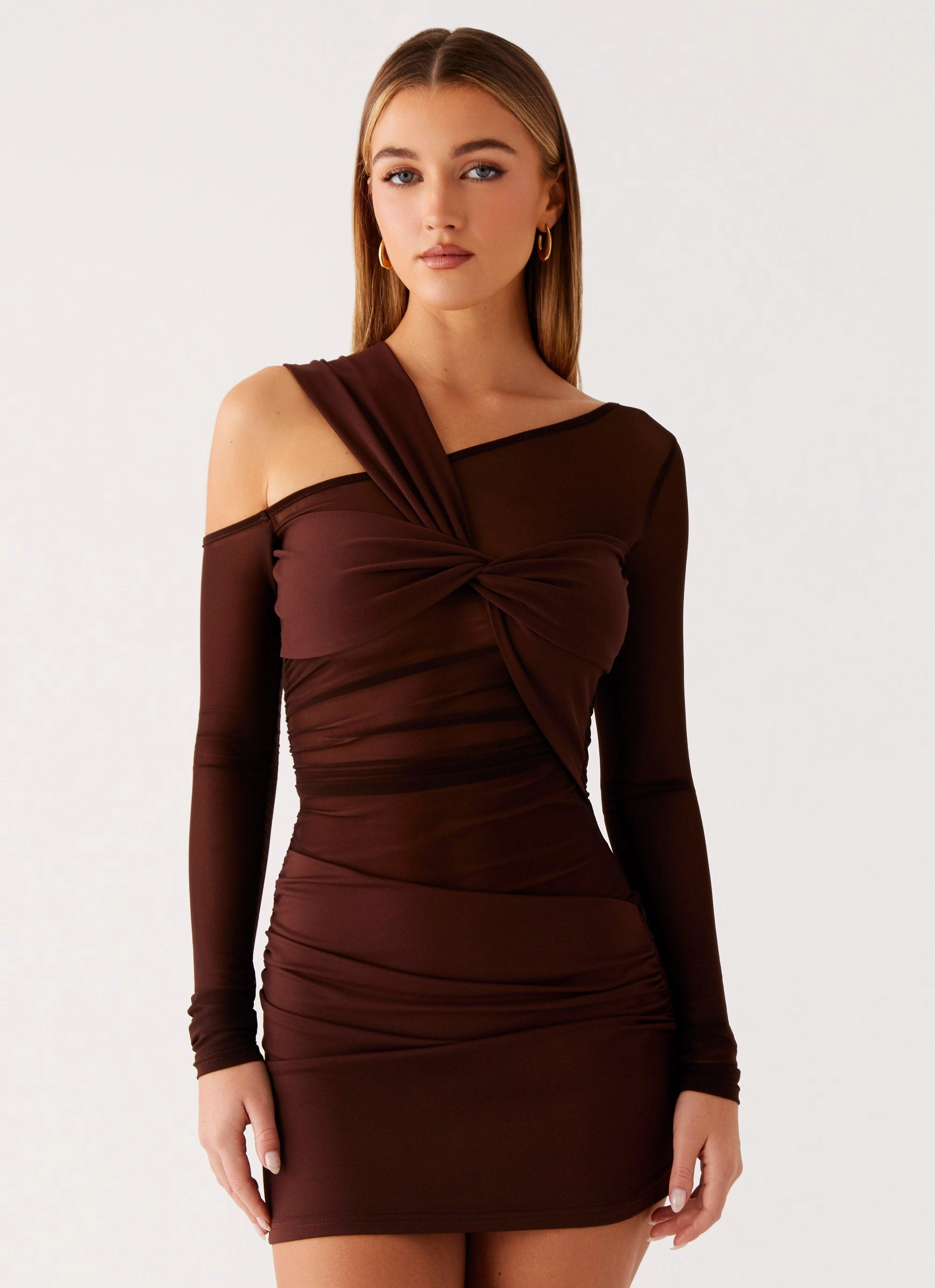 Premium Look Style focused Ophelie Asymmetric Long Sleeve Mini Dress - Chocolate