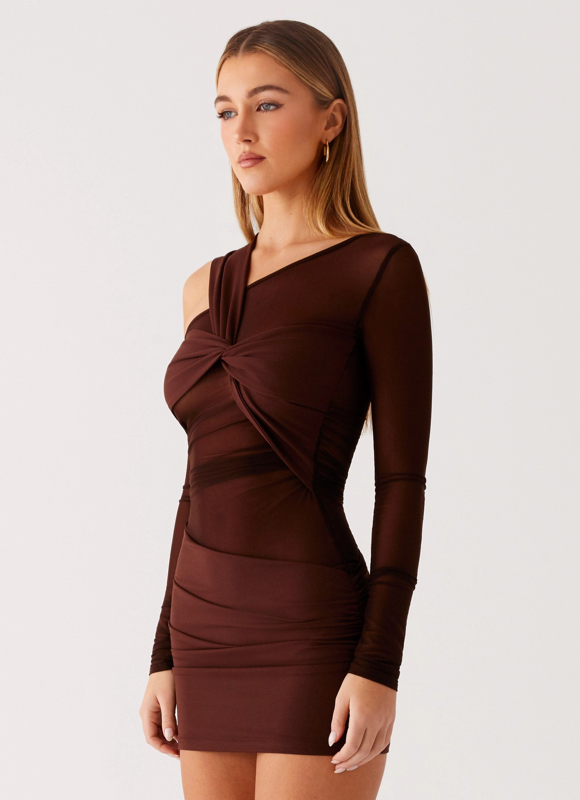 Ophelie Asymmetric Long Sleeve Mini Dress - Chocolate Stylish and Comfortable Must-have
