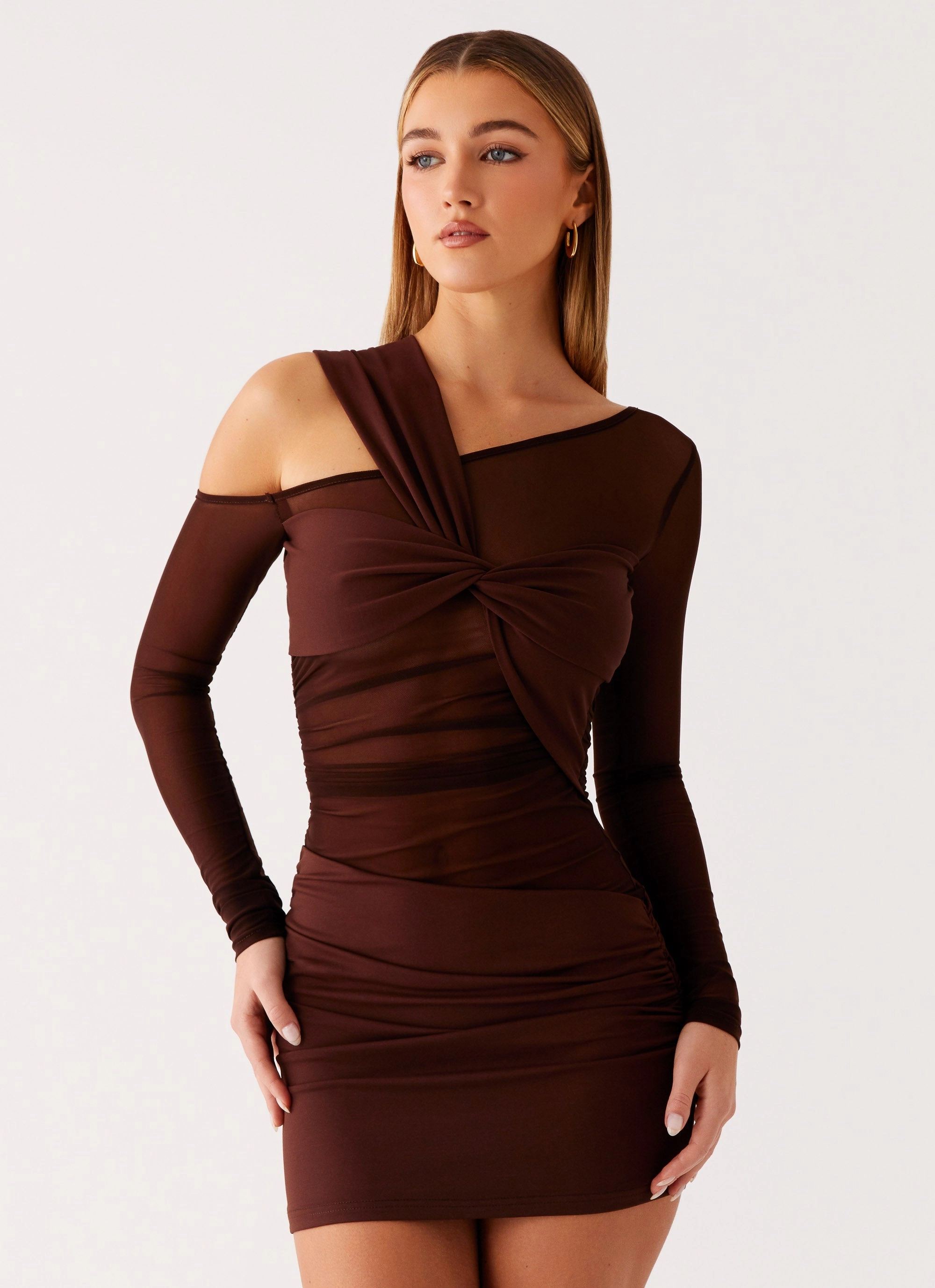 Ophelie Asymmetric Long Sleeve Mini Dress - Chocolate Nordic Plain WideCollarDesign