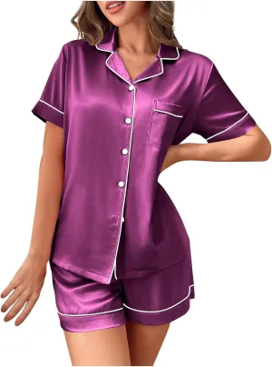 Oplxuo Satin Pajama Sets for Women Short Sleeve Button Down Shirt Soft Pajamas Shorts Sleep Loungewear 2 Piece Outfits