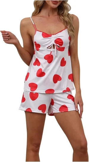 Oplxuo Womens Pajama Sets Heart Print Soft Cami Shorts Lingerie Set Camisole 2 Piece Pj Set Summer Nightwear