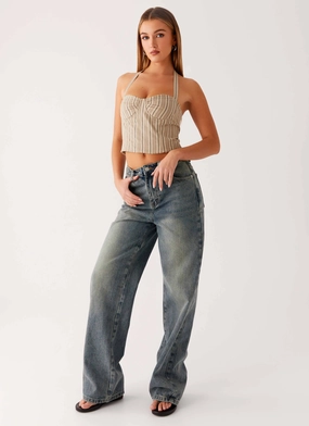Back Again Straight Leg Denim Jeans - Dirty Wash Bold Earthy Stretch Fabric