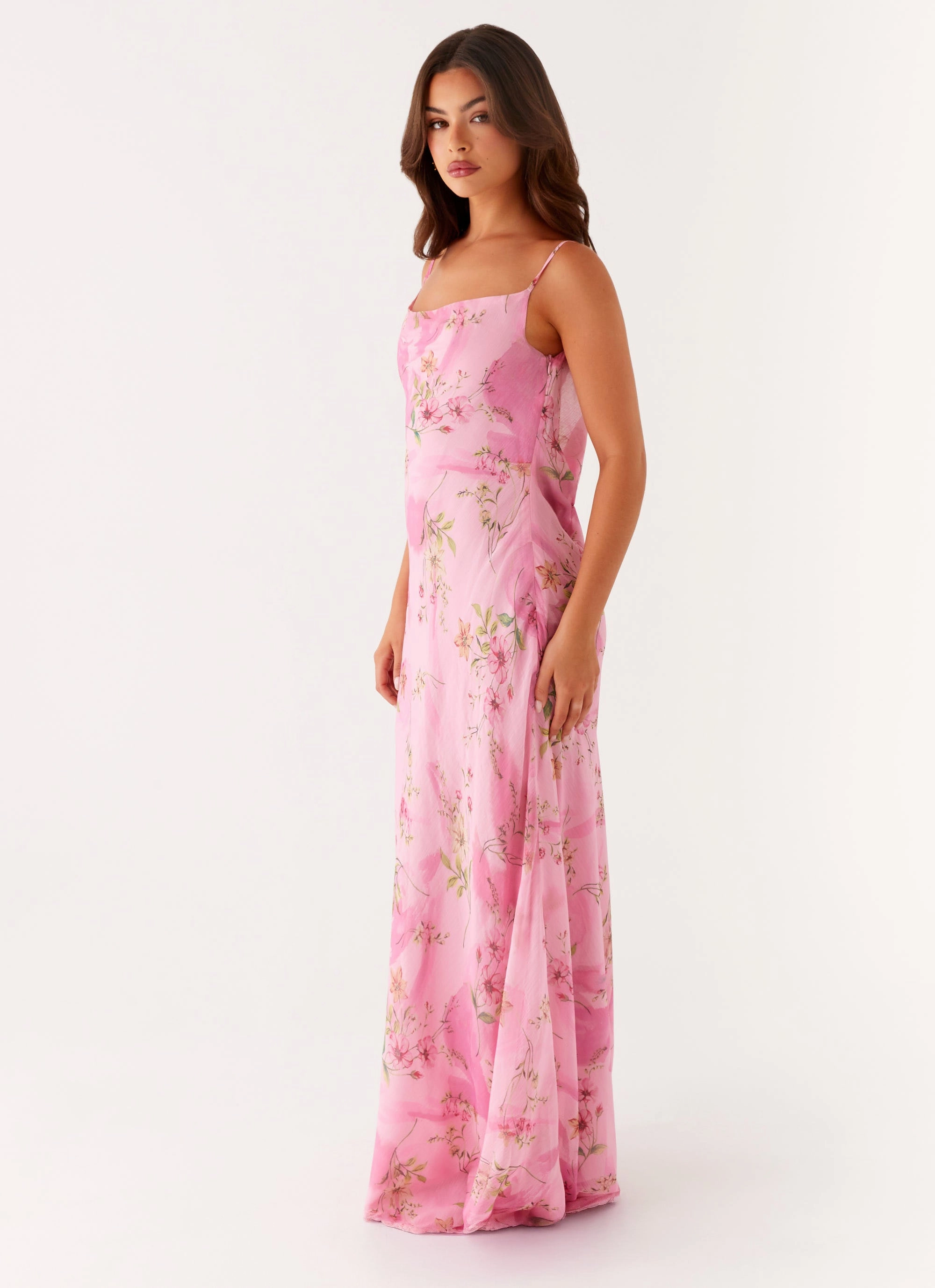 Orlando Maxi Dress - Pink Floral Print Slim Silhouette Modern and Stylish