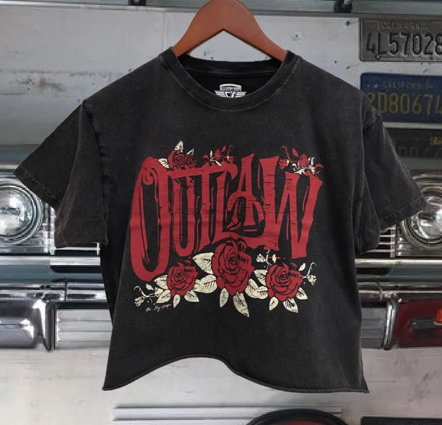 Outlaw Relaxed Cropped Tee- Acid Wash YarnDyeStripe TexturedSurface