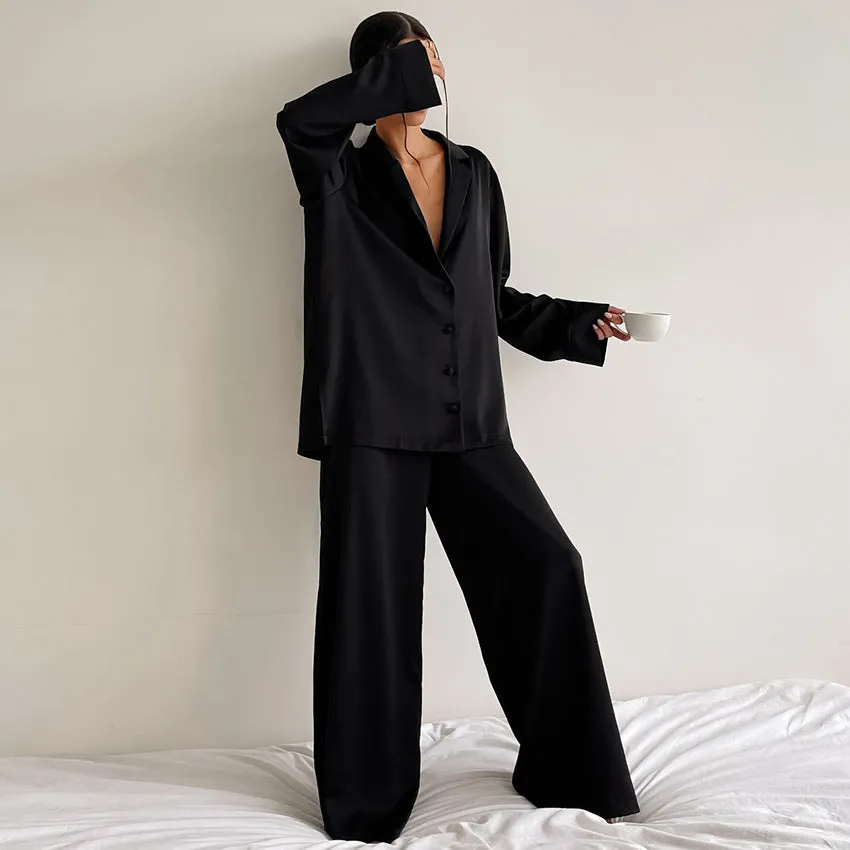 Oversize Long Sleeve Silk Sleepwear Pajama Set for Women