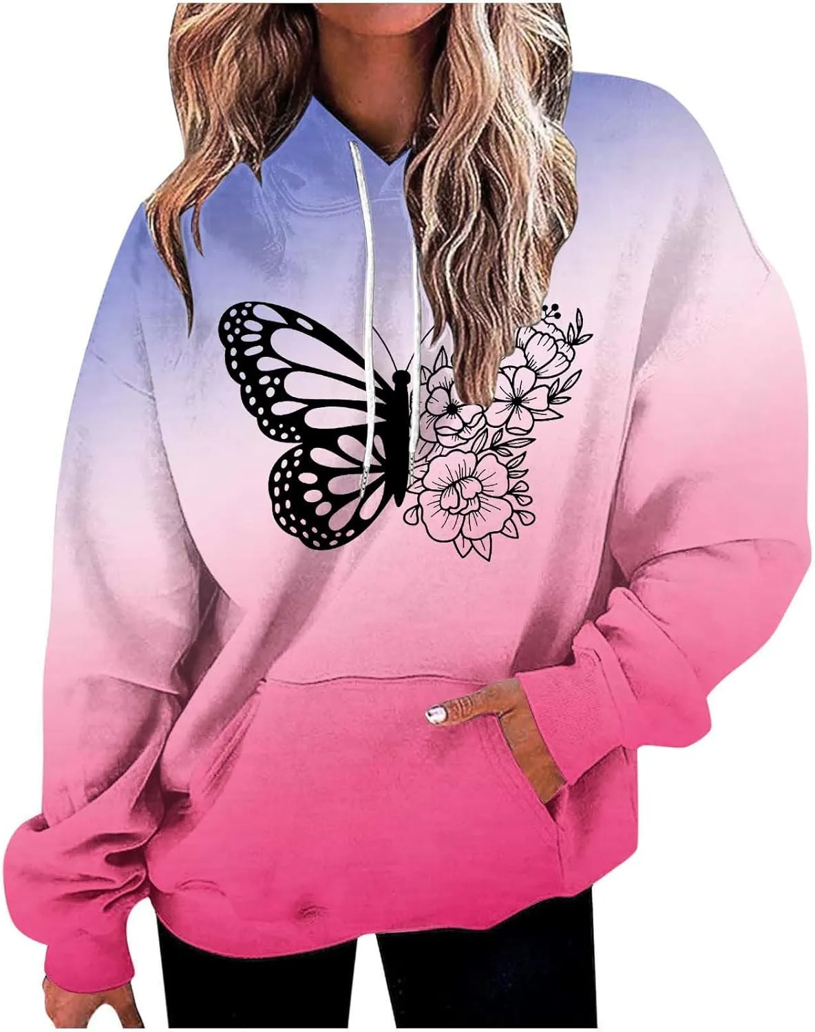Oversized Hoodies for Women Trendy Butterfly Floral Hooded Sweatshirts Baggy Tie Dye Hippie Fall Y2K Outwear Tops