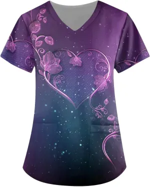 Oversized Scrubs for Women 2024 Medical Uniforms V Neck Short Sleeve Fun Printed Comfy Nurse Tunic Tops with Pockets