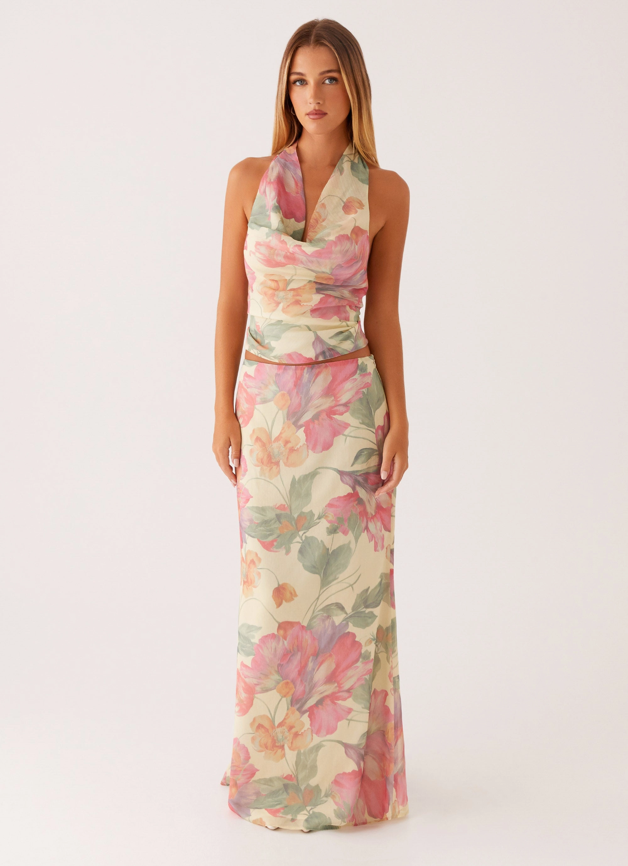 Soulful Low Rise Maxi Skirt - Yellow Peony Sleek Detail
