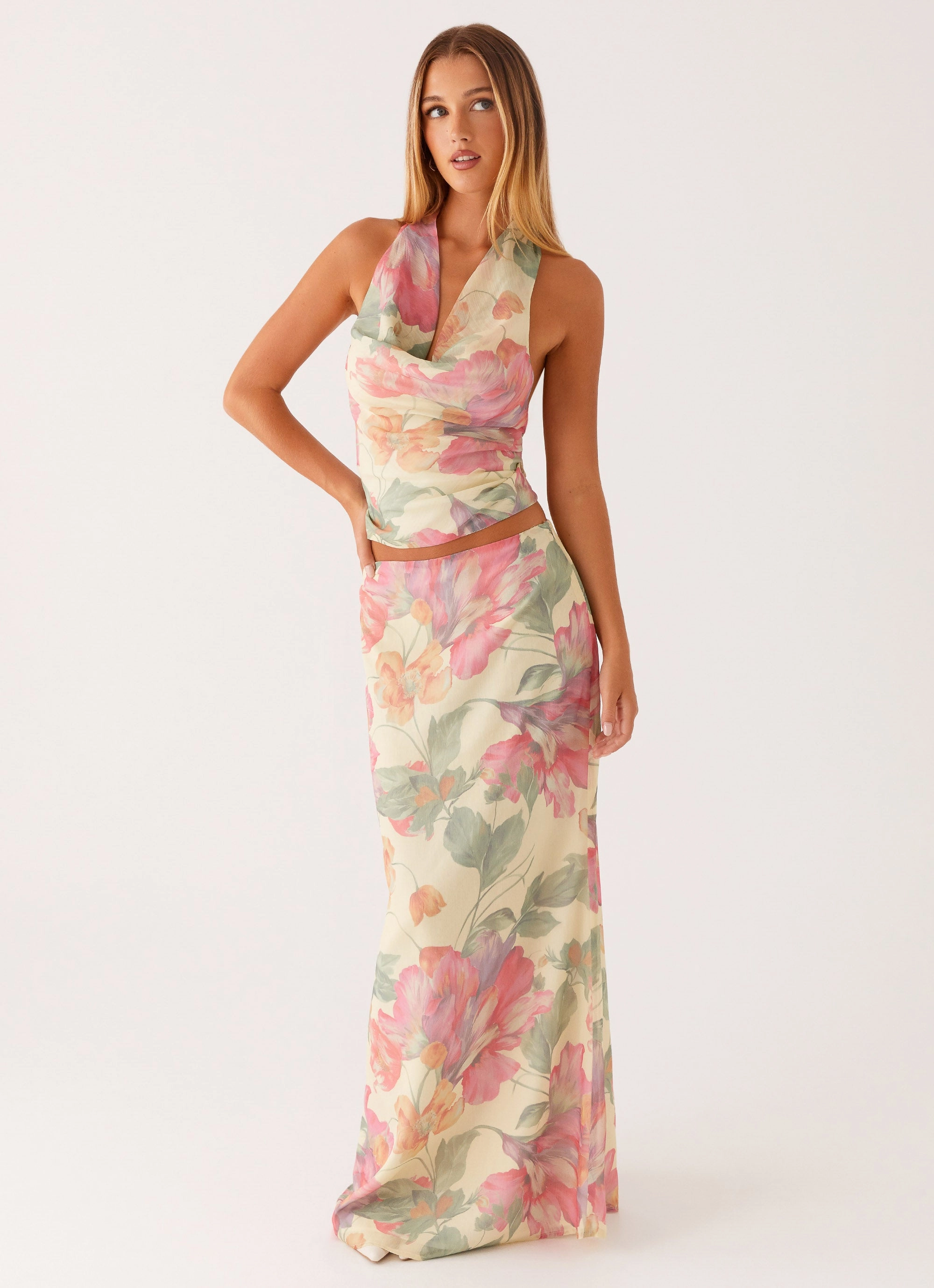 Soulful Low Rise Maxi Skirt - Yellow Peony Bold Look Floral Pattern