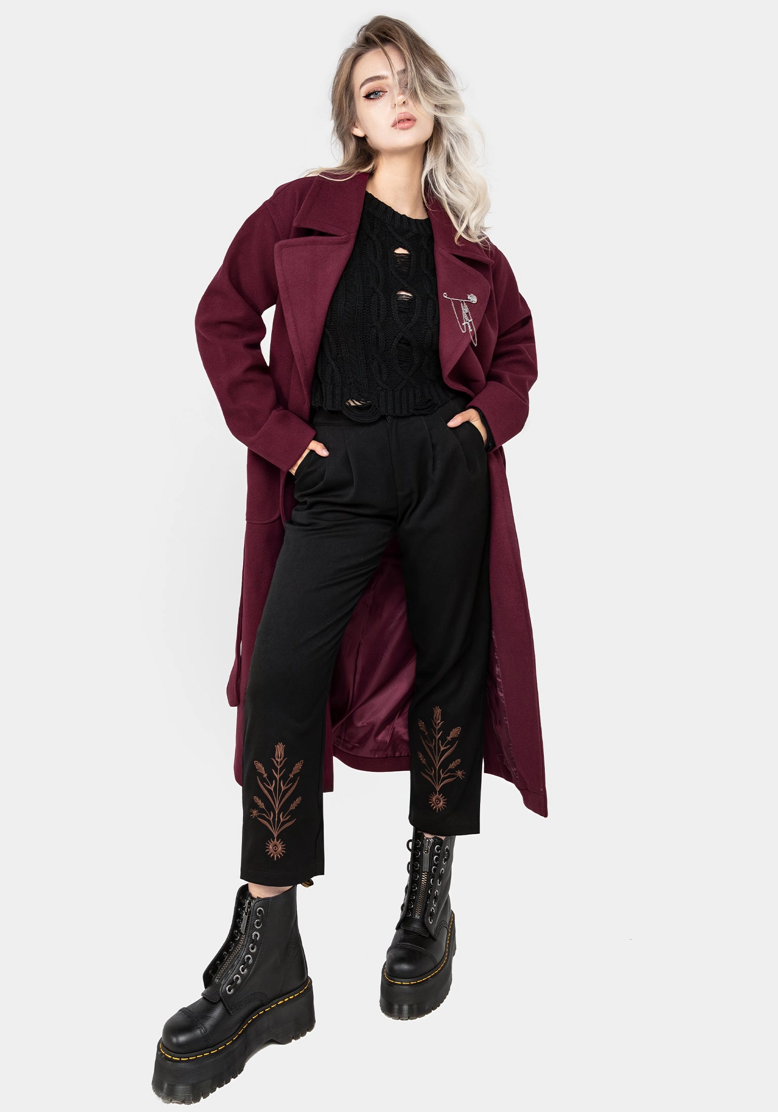 DoubleStitchSeams Bonded Closure Mechanism Meltdown Oversized Coat with Brooch - Red