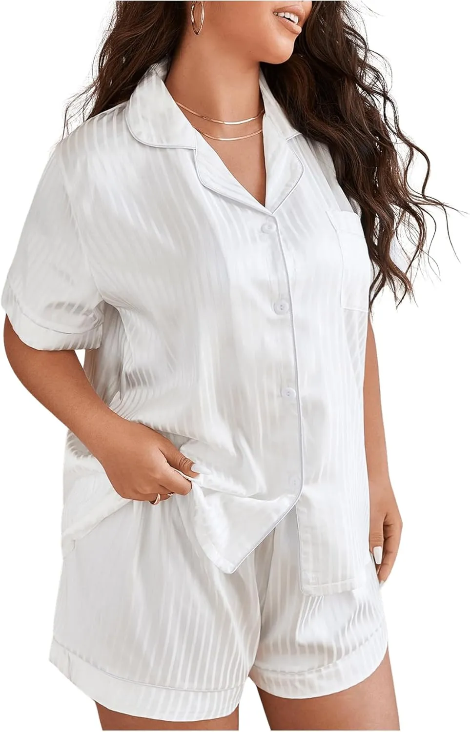 OYOANGLE Women's Plus Size Silky Satin Pajamas Short Sleeve Button up Pjs Lounge Sets Sleepwear