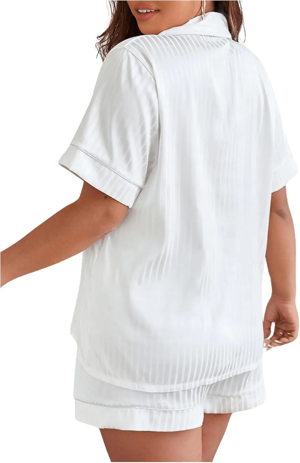 OYOANGLE Women's Plus Size Silky Satin Pajamas Short Sleeve Button up Pjs Lounge Sets Sleepwear