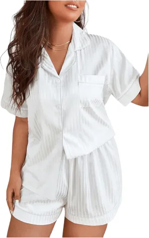 OYOANGLE Women's Plus Size Silky Satin Pajamas Short Sleeve Button up Pjs Lounge Sets Sleepwear