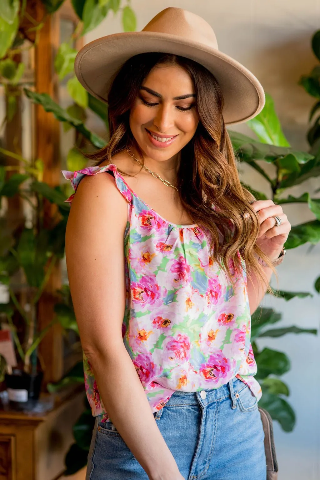 Painted Peonies Flutter Trim Tank