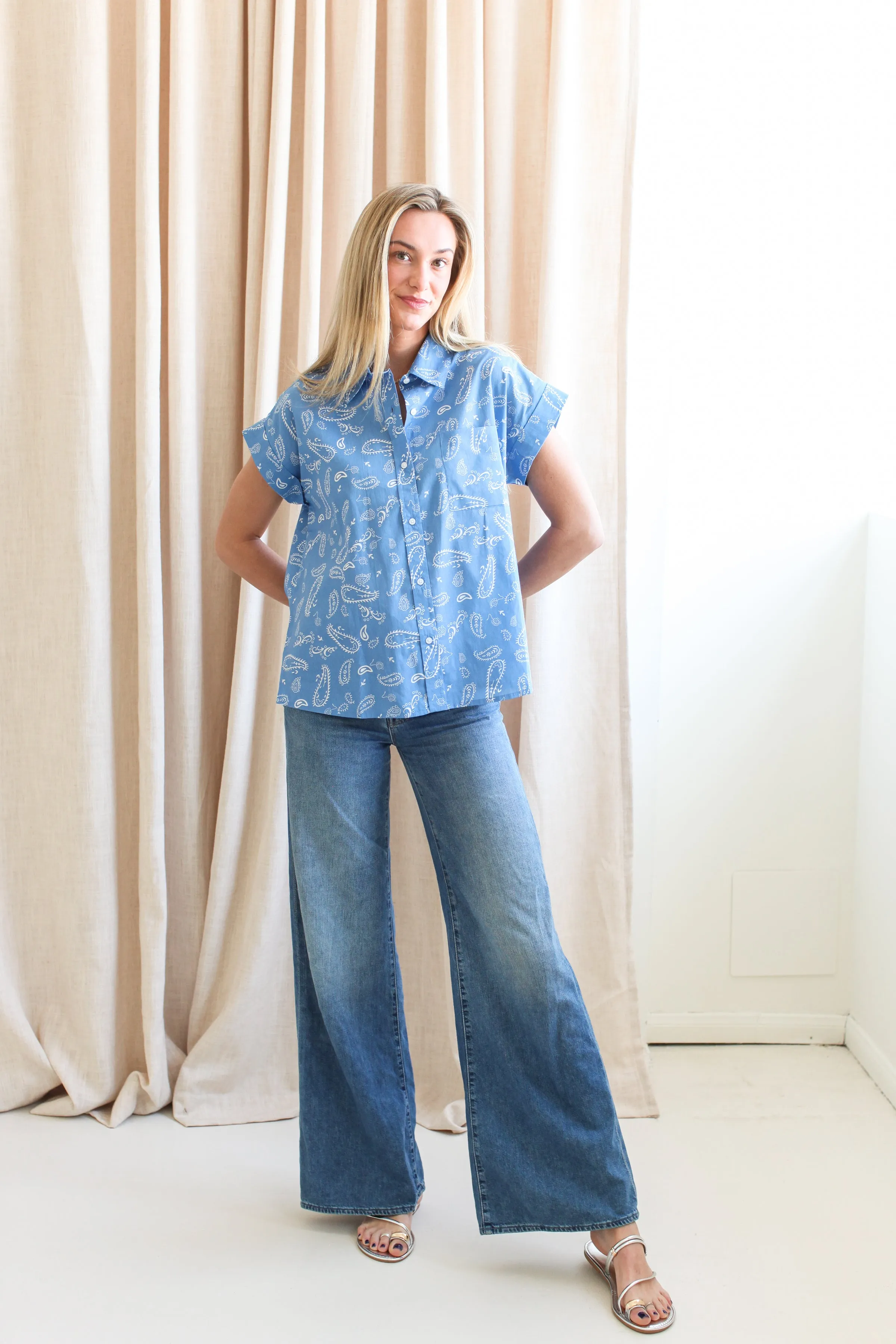 Paisley Cornflower Blouse Grid Texture Fabric Tagless Neckline Design