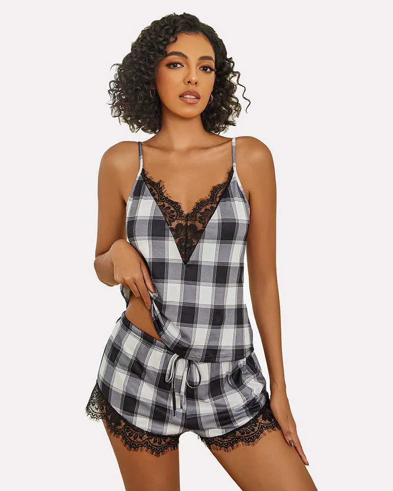 Pajama Set Lace Trim Short PJ Set
