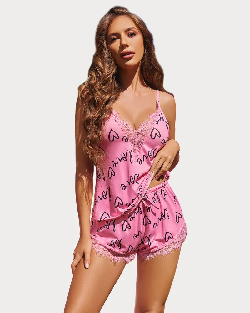 Pajama Set Lace Trim Short PJ Set