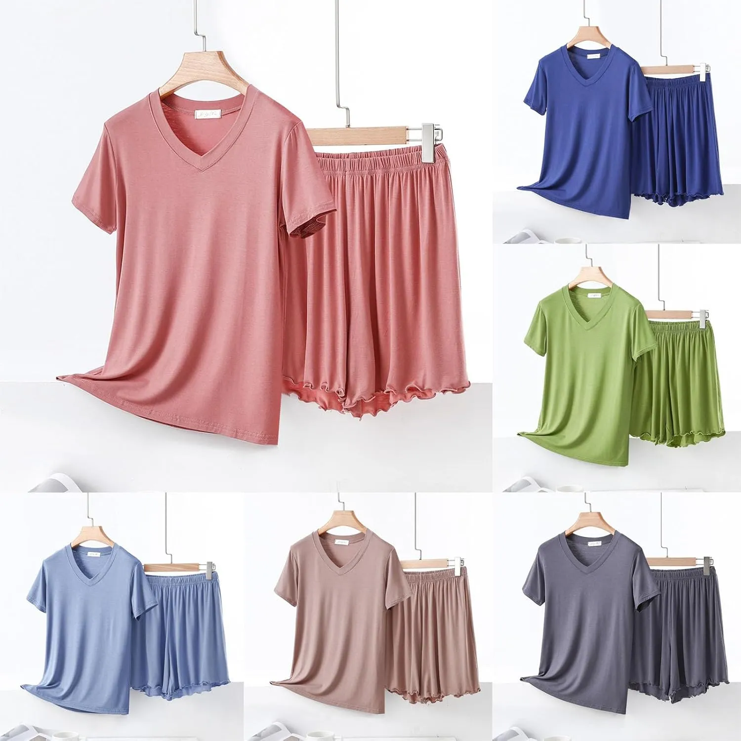 Pajama Sets for Women Soft Modal Shorts Sleepwear Summer Loose V Neck Short Sleeve Soft Loungewear Set 2 Piece Outfits