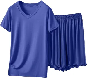 Pajama Sets for Women Soft Modal Shorts Sleepwear Summer Loose V Neck Short Sleeve Soft Loungewear Set 2 Piece Outfits