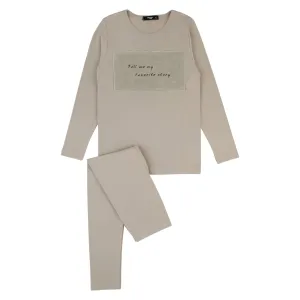 pajamas linen patch top l/s and leggings - tan-170