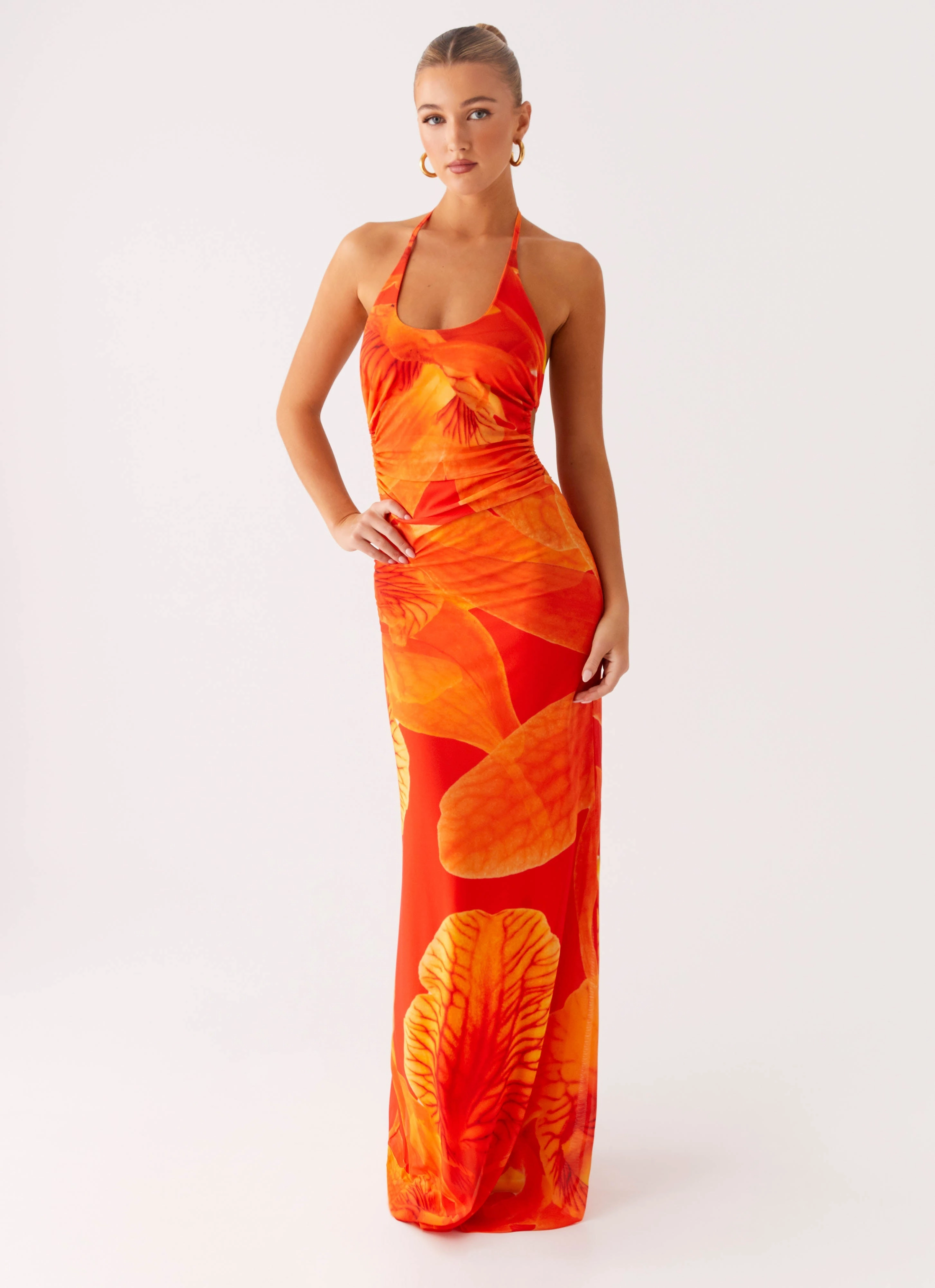 Subtle Glow Playful design piece Palawan Mesh Maxi Dress - Orange Floral