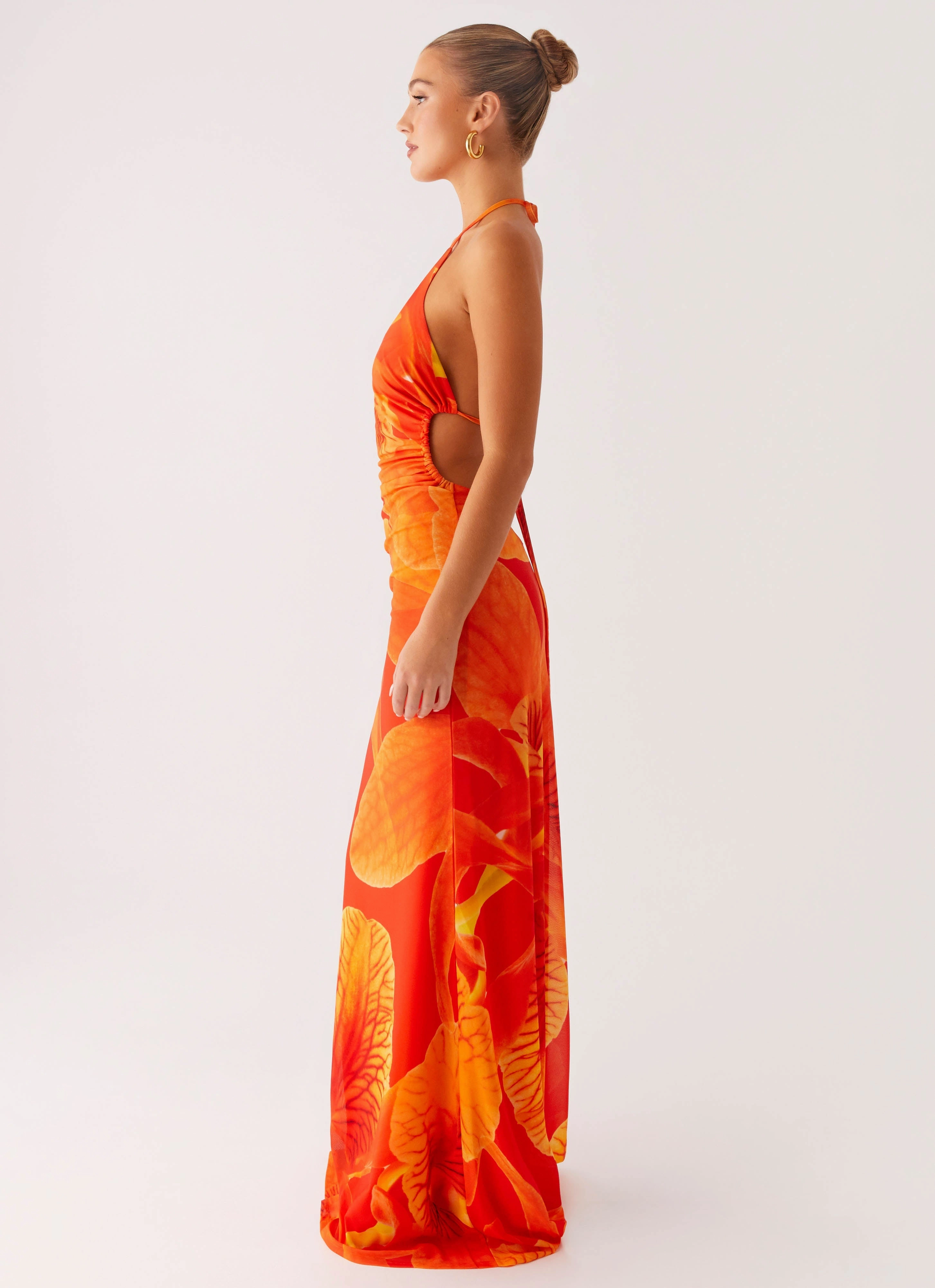Sheer Panel Palawan Mesh Maxi Dress - Orange Floral