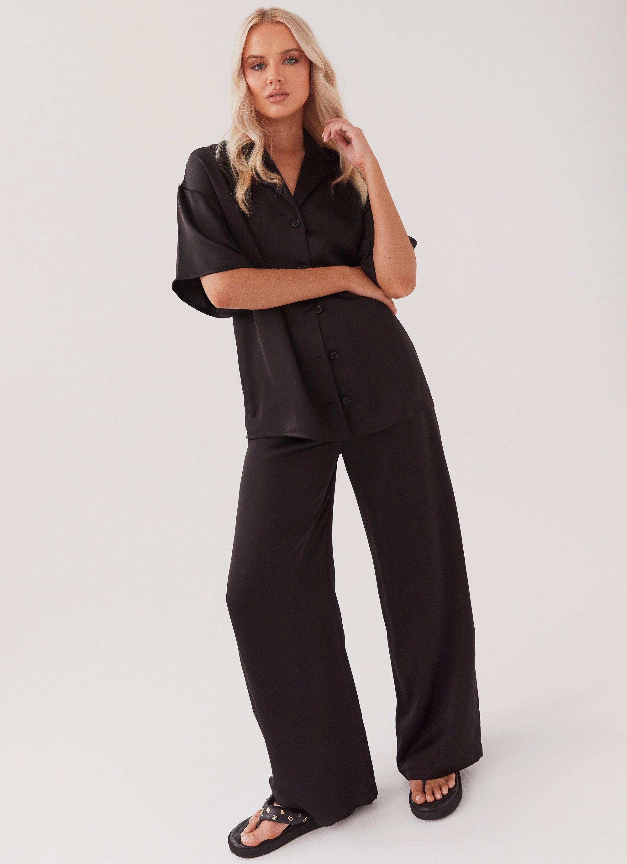 Cozy And Stylish Relaxed Style Palm Cove Satin Pants - Black
