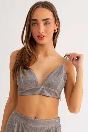 Layered Look Curved Hem Design Party Girl Bralette - Tan/Silver Sparkle